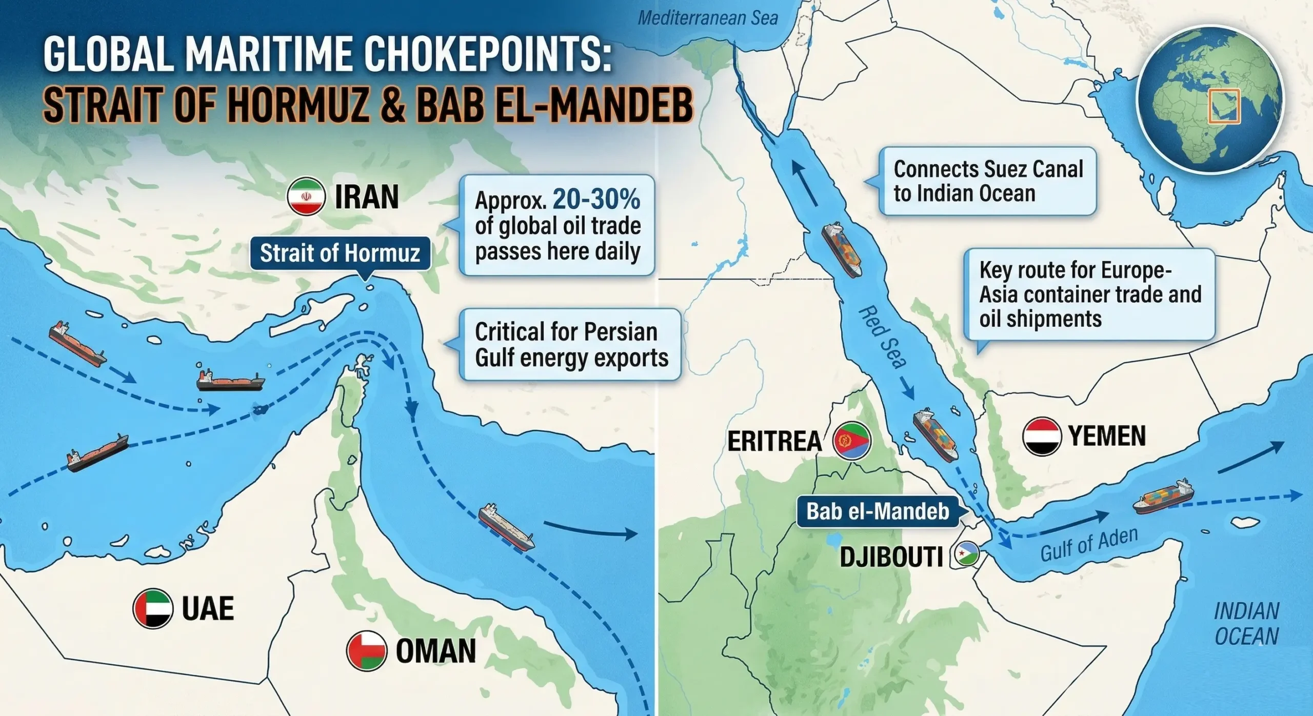 Bản đồ Khủng hoảng Trung Đông các điểm nghẽn hàng hải: Eo biển Hormuz và Biển Đỏ (Bab el-Mandeb)