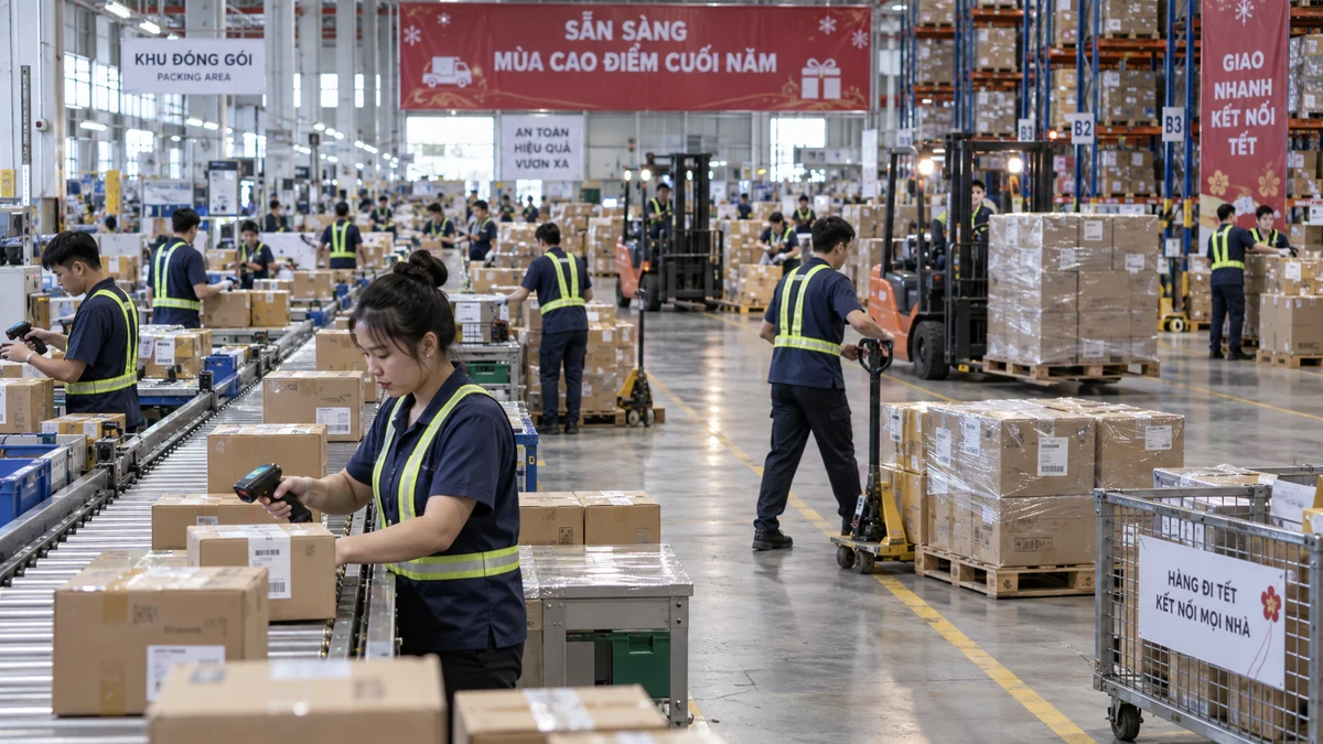 Kho hàng mùa cao điểm: pallet chất cao, xe tải chờ nhận hàng