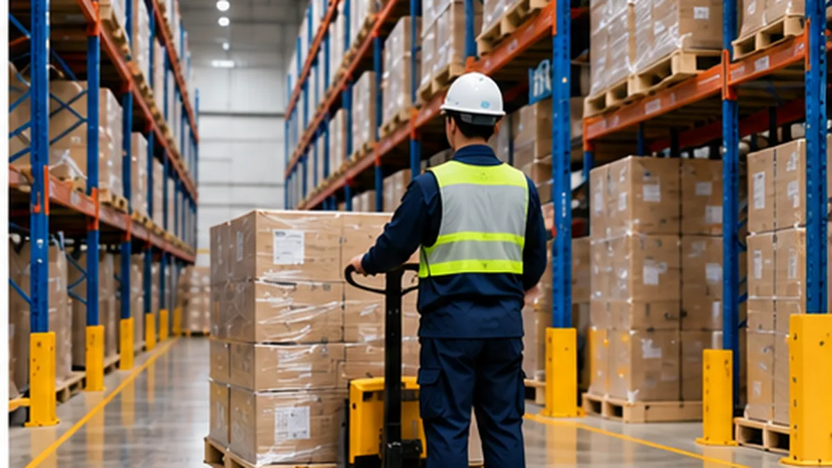 Bên trong kho phân phối: khu chia lô, xe nâng và pallet xếp theo dãy